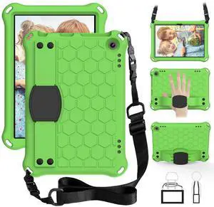 Bumper Case for Fire HD 8"/Plus 10th Gen (2020 Only), Techcircle Shockproof Hand Belt Stand Cover Kids EVA Foam Honeycomb Protective Case with Shoulder Strap Handle Light Cover, Green