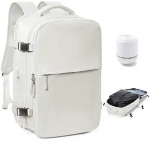 Vacuum Travel Backpack with Pump for Women,Personal Item Carry on Backpacks Flight Approved 18x14x8 inches for Men,Laptop Waterproof Work Compression bags Casual Daypack(White)