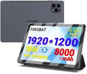 FIREBAT Tablet Android 15, 10.95 Inch 1920x1200 In-Cell Touchscreen, 8000mAh, T606 Octa-Core Processor, 12GB RAM 128GB ROM, Wi-Fi 5, BT5.0, FM, Widevine L1, 5MP Front/13MP Back Camera, Protective Case
