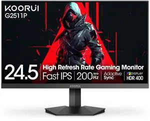 KOORUI 24.5 Inch Gaming Monitor 200Hz, 1ms, FHD(1920 * 1080p) IPS Display, HDR400, 90% DCI-P3 Color Gamut with Adaptive Sync, HDMI & DP Port, Black, G2511P