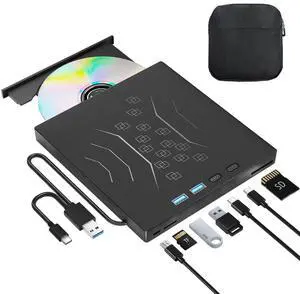 Wbacon 7 in 1 External DVD Drive, External CD/DVD Drive for Laptop USB 3.0 & Type-C, Portable CD/DVD +/-RW Disk Drive, CD/DVD Burner CD ROM External Drive for Desktop PC (External DVD Drive +Bag)