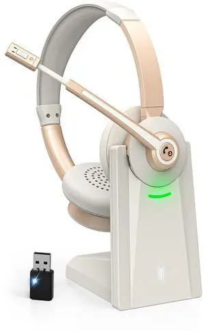 Wireless Headset with Mic for Work, Bluetooth Headset with Microphone, Wireless Headphones with USB Dongle, AI Noise Canceling Mic & Charging Base & Mic Mute for PC/Cell Phones/Call Center/Teams