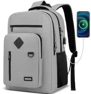 WINDARS Backpack for Men and Women, Casual School Backpack Teen Boys and Girls Lightweight 17.3 Inch Laptop Bookbag with USB Charger for College Work Travel (Gray)