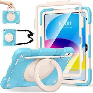 Andnary Case for iPad (A16) 11th/10th Generation 11/10.9 Inch 2025/2022 with Screen Protector/360° Rotate Stand/Shoulder Strap/Pencil Holder, Shockproof iPad 11th/10th Gen Cover (Blue+White)