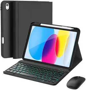 RAYMCRAFT for iPad 11th (A16, 2025)/10th Generation Case with Keyboard, Mouse and Detachable Wireless Keyboard, 7-Color Backlight, Slim Case with Pencil Holder, Black