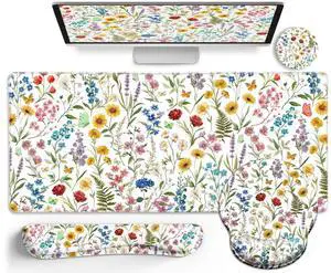 LIMKRIAN Floral Mouse Pad Set Large Desk Mat for Desktop, Ergonomic Mouse Pad with Gel Wrist Rest for Gaming, Computer Keyboard Mat Wrist Support Cup Coaster Set, Women Office Desk Accessories Decor