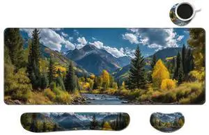 MIBITRI Keyboard Mouse Pad Set, Extended Gaming Mouse Pad+Ergonomics Keyboard Wrist Rest Support, Memory Foam, Easy Typing Pain Relief, 4Pcs XXL Ultra Thick Desk Mat, Nature Forest