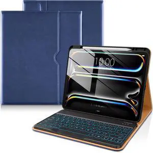 DTTO for iPad Pro 13 Inch Case 2024 with Keyboard (M4), 7 Colors Backlit Wireless Detachable Keyboard Premium Leather Folio Cover with Pencil Holder & Pocket, Navy Blue
