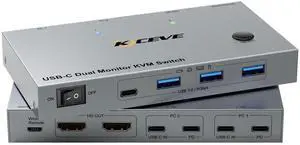 KCEVE KVM Switch 2 Monitors 2 Laptops USB C, KVM Switch Dual Monitor HDMI 4K@60Hz for 2 Laptops Share 4 USB 3.0 Devices with 80W PD, with 2 USB-C Cables and Wired Remote