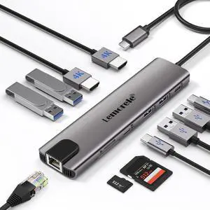Aluminum Docking Station USB-C Hub with 2 HDMI, Gigabit Ethernet, 4 USB A, USB-C 3.0, PD 100W, SD/TF, 1000Mbps RJ45 LAN Dock Adapter for MacBook Docking Station Laptop, Supports 2 Monitor