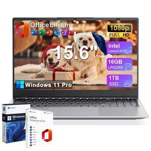 GINA 15 15.6" FHD Laptop Compter, Windows 11 Pro for Students, Intel Quad-Core N100, 16GB DDR5 RAM, 1TB SSD, Free MS Office, Fingerprint, Numeric Keypad, Type-C, HDMI, USB 3.2, 2-Year Warranty