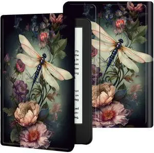 BREIDMKFM Case for 6" All-New Kindle 11th Generation 2022 Release, PU Leather Cover Smart Standing with Auto Sleep/Wake Cover for Basic Kindle 2022, Dragonfly Peony