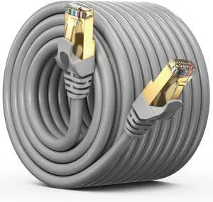 Cat7 Ethernet Cable 100 ft  High-Speed LAN Internet Patch Cord, Flat Design, RJ45 Gold-Plated Connectors, 600MHz, 10Gbps  for Gaming, Streaming, Modem, Router  Gray