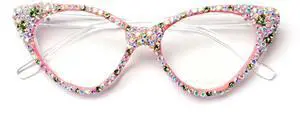 ICARA Bling Crystal Cat Eye Reading Glasses Rhinestone Blue Light Blocking Glasses for Women (ab grren, 0.0, x)