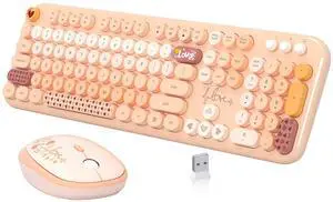 Wireless Keyboard Mouse Combo, Keyboard and Mouse Set,104 Round Keys Colorful Wireless Typewriter for MacBook Windows Laptop Tablet Coffee