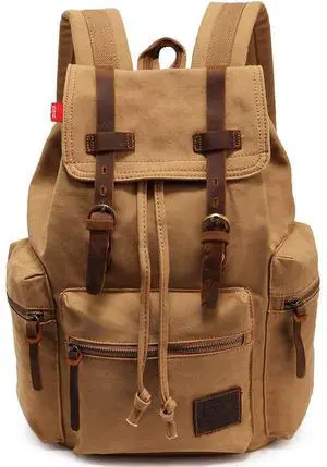 HuaChen Vintage Canvas Backpack, Large Capacity Travel Rucksack for Hiking, Camping, School, and Outdoor Activities  Unisex M32-Khaki-L