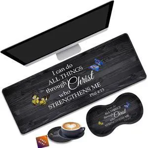 Desk Pad Gaming Mouse Pad + Wrist Rest Support Pad + Coaster, 31.5" × 11.8" Durable Non-Slip Extended Computer Mouse Pad, Suitable for Office and Home, Bible Verse Phil 4-13