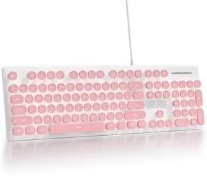 Fogruaden Wired Retro Typewriter Keyboard, Quiet Full Size Membrane Keyboard Light Up, Pink Cute Computer Keyboards, 104 Round Keys, White LED Backlit, Slim, Silent for Windows PC, Laptop