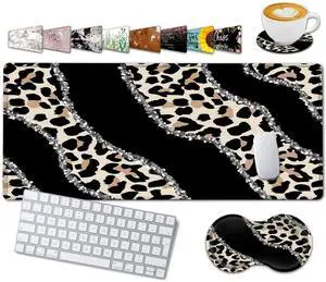 Large Gaming Mouse Pad, 31.5x11.8 in Extended Computer Mouse Mat with Non-Slip PU Base, Ergonomic Memory Foam Keyboard Wrist Rest, for Work & Gaming, Office Desk Pad Leopard Black Writing Pad