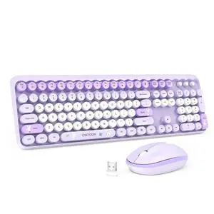 Wireless Keyboard and Mouse Combo, 2.4GHz Retro Full-Sized Keyboard and Wireless Quiet Mouse for Office PC Desktops Laptops Computer, Cute Bunny Theme, Purple