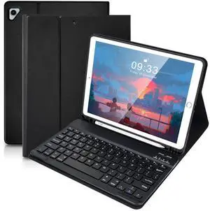 SOPPY Bluetooth Keyboard Case for iPad 6th/5th Generation, iPad Pro 9.7-inch, Air 1/2, Detachable Wireless Keyboard with Pencil Holder, Slim Protective Cover, USB-C Rechargeable, US - Black