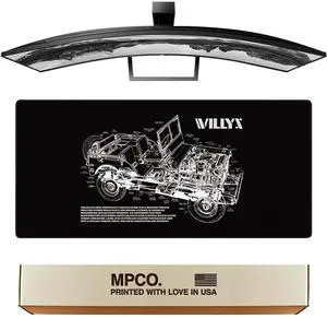 MPCO. Blueprints Large Gaming Desk Pad - 36" x 17" Duraglyde Fabric Willys Jeep  Black Desk Mats - Non-Slip, Washable, Smooth Glide for Precision Gaming & Work