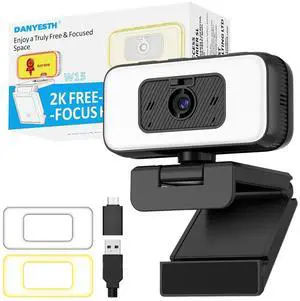 Danyesth 2K Webcam for PC/Laptop/Mac with Light, USB Computer Camera with Microphone for Desktop Monitor Focus in Shared or Home Space Auto Anti-Disturb Backlight, Zoom, Flip, Plug & Play