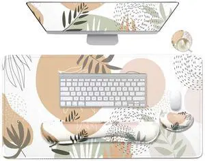 4-in-1 Large Mouse Pad, Keyboard Wrist Rest Pad & Wrist Support Mousepad Set, Extended Desk Pad Waterproof Desk Mat for Home Office Study Game - Leave