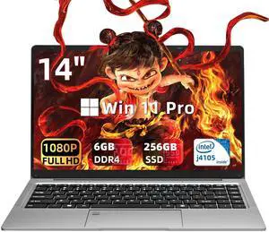 Fsjun Ultra-Thin Laptop Win 11 Pro & Office 2019, 14" FHD IPS,Celeron J4105, 6GB RAM, 256GB SSD, 180° Hinge/HDMI/WiFi/BT, Lightweight & Portable, Perfect for Work, Study, Travel,Gray