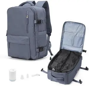 Travel Backpack for Men Women, 40L Carry On Backpacks with Pump Vacuum Compression System, Built-in USB Charger Port, Laptop Compartment 15.6 Inch, Flight Approved Business Back Pack,Grey Blue