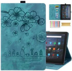 Dteck Case for All-New  Kindle Fire HD 10 & 10 Plus Tablet (13th/11th Generation, 2023/2021 Release) 10.1", Premium PU Leather Embossed Flower Folio Stand Case Cover with Pencil Holder, Green