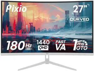 Pixio PXC278 Wave White 27 inch 180Hz Refresh Rate QHD 1440p Resolution 1650R Curved Fast VA Panel 1ms GTG Response Time Adaptive Sync HDR Curved Gaming Monitor