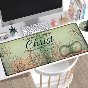 Large Gaming Mouse Pad + Mouse Wrist Rest Pad + Coaster Combination, 31.5 "x 11.8" Durable Non-Slip Extension Table Mat, Suitable for Office and Home, Philippians 4-13 Floral
