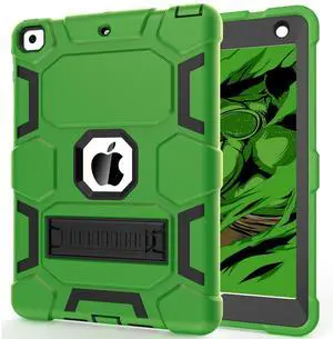 CCMAO iPad 6th Generation Cases, iPad 5th Generation Case, iPad 9.7 Case, iPad Air 2 Case, Hybrid Shockproof Rugged Drop Protection Case Built with Kickstand for Kids Boys Girls, Green+Black