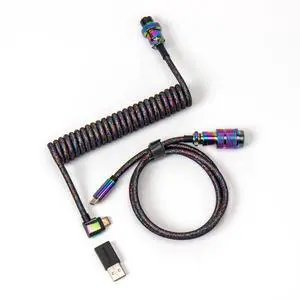 Keychron Premium Coiled USB-C Angled Aviator Cable  Rainbow Plated Black, 5-Pin (GX16) Detachable Metal Connector, USB-A Adapter, Double-Sleeved Design, for Mechanical Keyboards, Charging & Data Sync