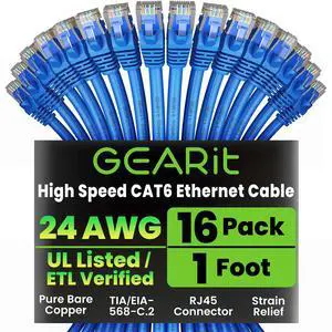 GearIT Cat 6 Ethernet Cable Pack - 16-Pack 1 ft Cat6 Ethernet Patch Cables | RJ45 Network Patch Cable, 10 Gbps Snagless Gold-Plated Connectors - Ethernet Cable Cat 6 for PC, TV, Router - Blue