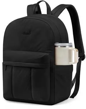 LOVEVOOK Quilted Puffer School Backpack for Teen Girls, Cute Bookbag College Laptop Backpack with Large Cup Holder, Travel Backpack for Women, Lightweight 15.6 Inch Teacher Nurse Work Laptop Bag-Black