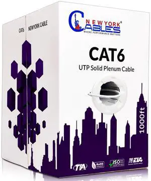 Newyork Cables | CAT6 Plenum Cable 1000ft White | UTP, 550MHz, 23AWG, 4Pair 10GB Ethernet Cable | Most Certified Plenum-Rated Fire-Resistant Bulk Cat 6 Ethernet Cable (CMP) for Networking & Gaming