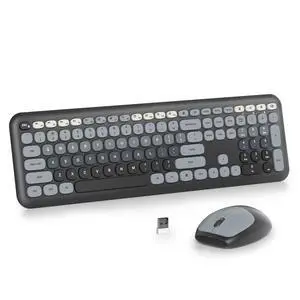 SbocKeeb Wireless Typewriter Keyboard and Mouse Combo Retro 104 Key Full Size Office Set Black and Gray Keyboard with Silent Round Keycaps, Ideal for Laptop and Desktop PCs, Cute Design Keyboard