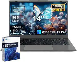 GINA 14" FHD Business & Student Laptop Computer, 8GB RAM, 256GB SSD, Intel Dual-Core Celeron N (Up to 2.6 Ghz), Wi-Fi, Bluetooth 5.0, Webcam, HDMI, USB 3.2*2, Long Battery Life, Windows 11 Pro, Gray