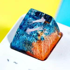Couple Squids in Teal Orange Coral Artisan Keycap R1 SA Profile Custom Sea Creatures Keycaps 1U ESC Handmade Gaming Resin Key Cap Cherry MX Switch Compatible Mechanical Keyboard Sea Ocean Lover Gift