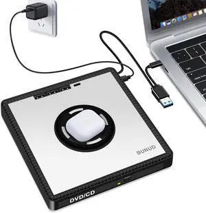 BUNUD External CD/DVD Drive for PC: DVD Burner with 15W Fast Wireless Charger for AirPods 4 3 2 Pro - External DVD Player for Laptop Mac Apple Windows with SD/TF/3 USB Ports