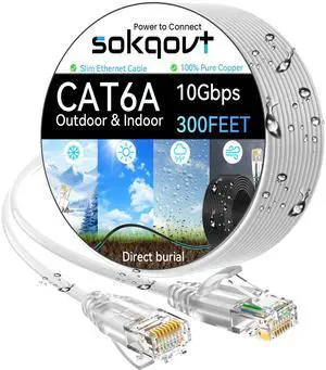 Cat6a Ethernet Cable Slim 300ft Outdoor&Indoor, 28AWG Pure Copper Cat6 Internet Cable for Waterproof & Direct Burial, Flexible Cat6 Ethernet Cable 10G 550MHZ, Cat 6 Network cable for Indoor White