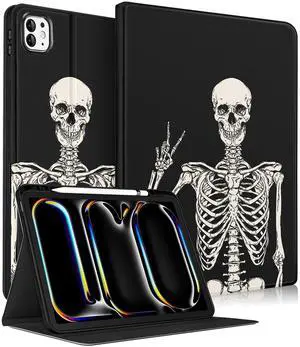 Uppuppy for iPad Pro 13 Inch Case 2024 - Women Cute Girls Folio Smart Cover with Pencil Holder Funny Skull Skeleton Goth Boys Design for iPad Pro M4 13 Inch Cases A2925 A2926 A3007