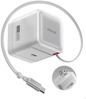 iWALK 65W GaN Charger with Built-in Retractable USB-C Cable, 2 Devices Mini Travel Fast Charging Foldable Wall Charger for MacBook Pro, iPad Pro, Airpods, iPhone 16/15 Pro Max, Galaxy S25/S24 And More