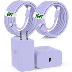 45W USB C Fast Charger for iPad Pro 13(M4)/iPad Pro 12.9/11 in 2025-2018,iPad Air M3/M2/5th/4th,iPad 11th A16/10th/Mini 7,iPad Charger Fast Charging Charger Block with 10/6FT C to C Cable-Purple