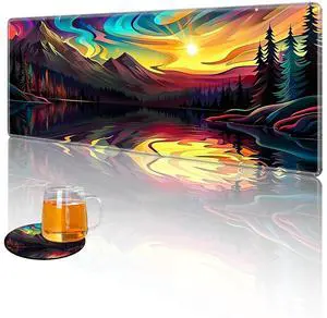 Tudguiloae Large Gaming Mouse Pad with Coaster Edge Stitching Psychedelic Mountains Forest Keyboard Mouse Mat for Desk Household Extended Desktop Mouse Pad Polyester Surface and Non-Slip Rubber Base