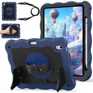 ZoneFoker for iPad A16 11th Generation 2025 / 10th Gen Case 2022, for 11 Inch / 10.9 Inch iPad Case Heavy Duty Cover Shockproof with Pencil Holder [360° Rotate Strap] & Stand for Kids, Navy Blue