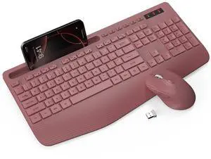 Wireless Keyboard and Mouse Combo - Full-Sized Ergonomic Keyboard with Wrist Rest, Phone Holder, Sleep Mode, Silent 2.4GHz Cordless Keyboard Mouse Combo for Computer, Laptop, PC, Mac, Windows