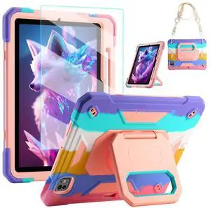 KCJ for iPad Pro 11 Case (M4) 2024,with Tempered Glass Screen Protector,Cute Protective Case with Folding Stand/Pencil Holder/Shoulder Strap for iPad Pro 11 2024 (5th Generation) (Rainbow)